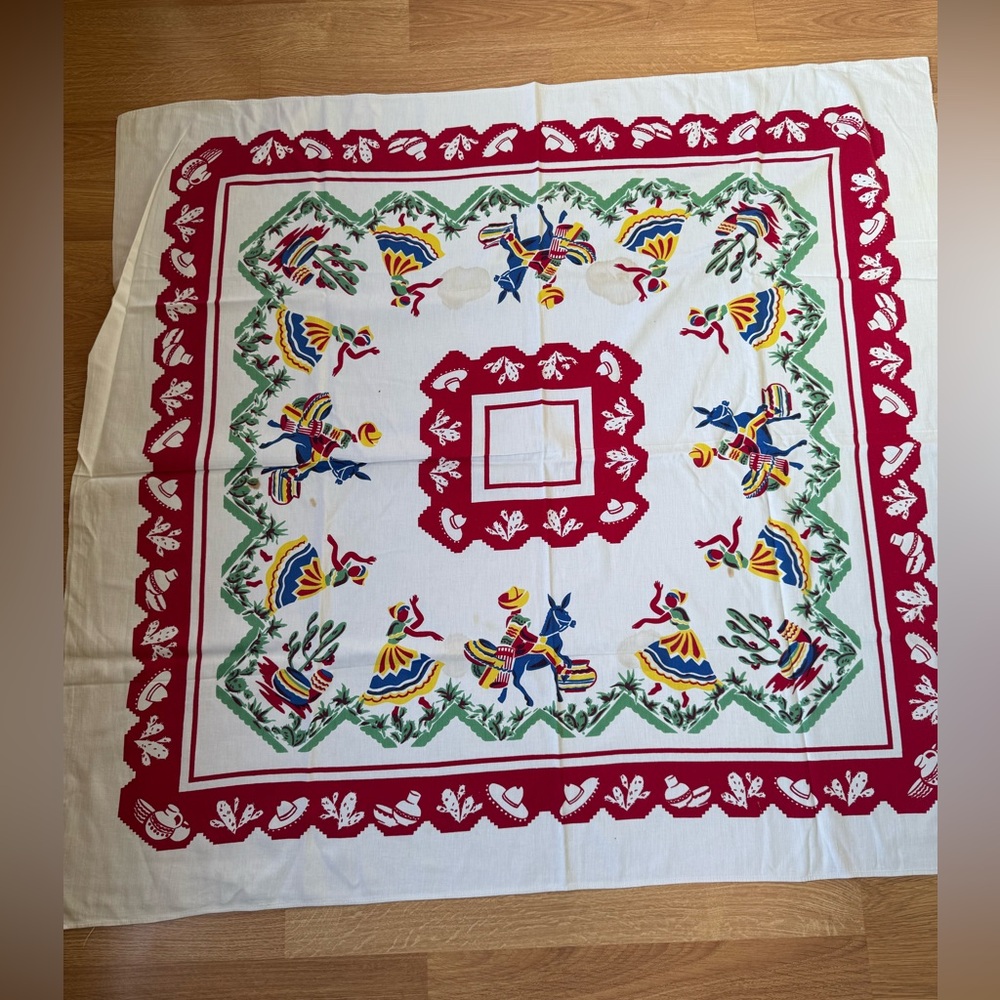 Vintage Folk Art Tablecloth with Red Border